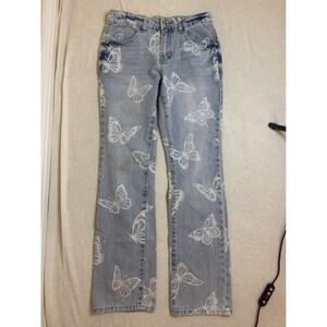 Guess Jeans Women 14 Blue Butterfly Print Straight Leg Denim Light Wash Y2K